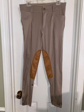 Taupe Equestrian-Style Leggings with Brown Patch Knee Grip